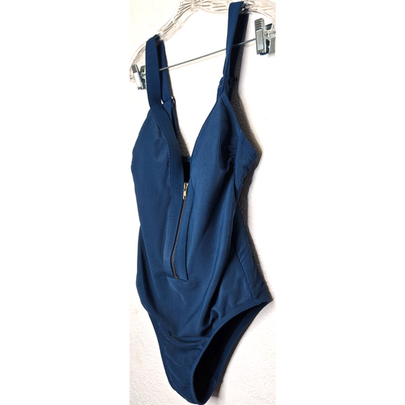 Kona Sol Womens Ribbed One Piece Swimsuit Small Blue Zipper Front Resort Beach - Picture 4 of 13